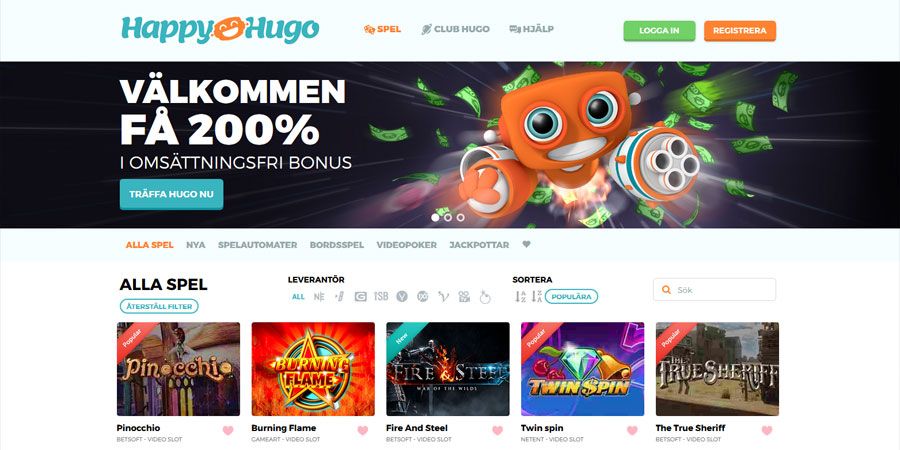 HappyHugo casino med omsättningsfri bonus på 200% upp till 2000 kr