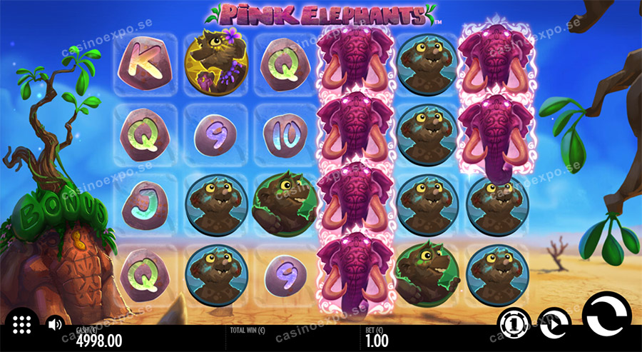 Pink Elephants slot från Thunderkick med free spins, wilds, scatters och bonusspel