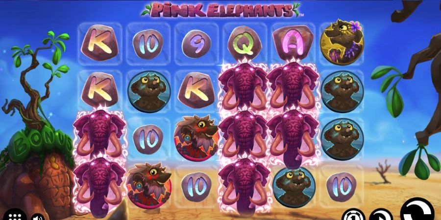 Pink Elephants slot från Thunderkick med free spins, wilds, scatters och ett bonusspel.