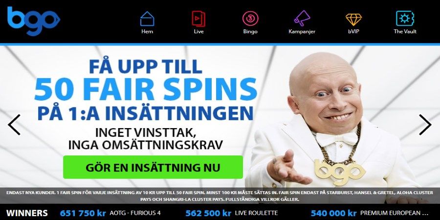 BGO bingo och casino - Få 50 omsättningsfria free spins på första insättningen