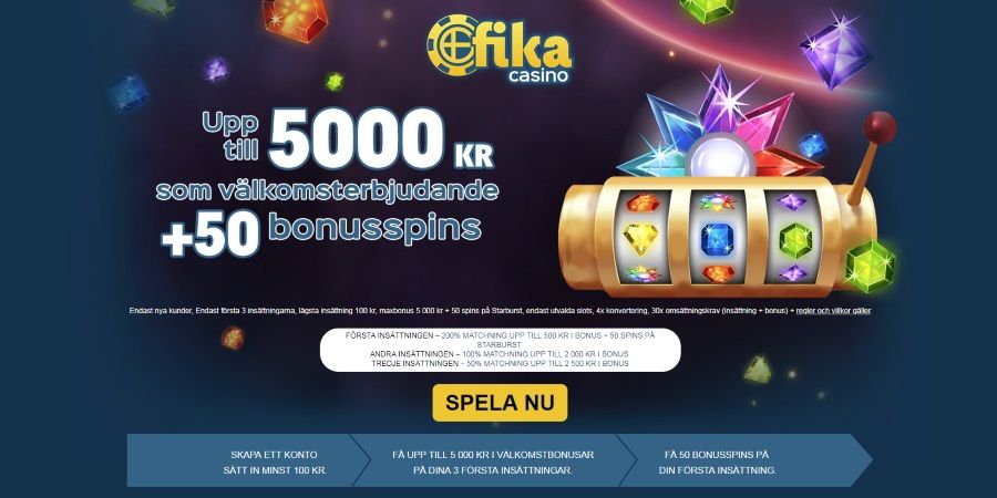 Få 200% bonus upp till 500 kr + 50 free spins i Fika casino