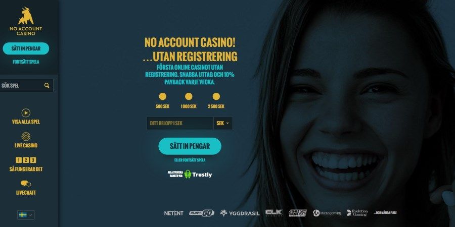 Hos No Account Casino får nya spelare 100 kr utan omsättningskrav