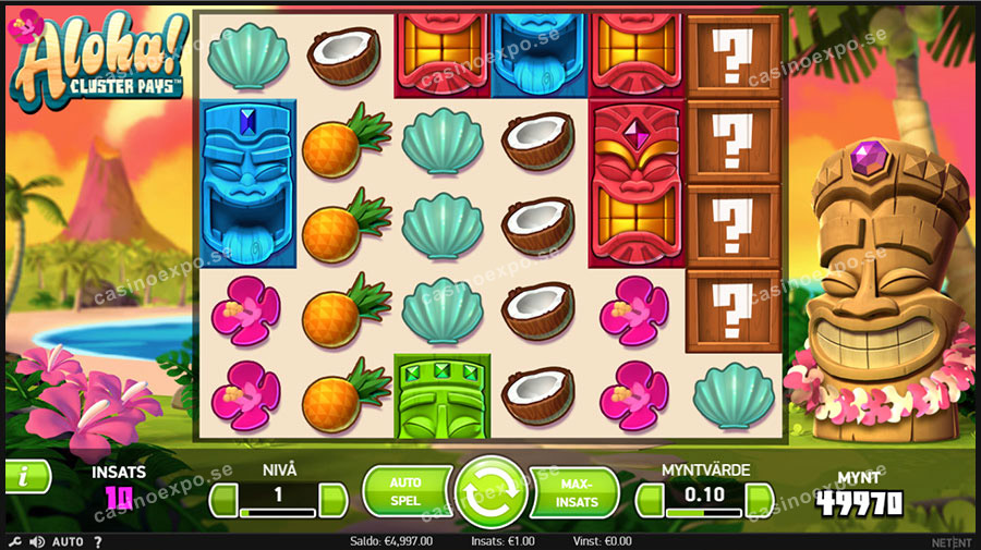 Aloha! Cluster Pays slot från NetEnt med staplade symboler, free spins, Sticky Win Re-spins och vinstkluster